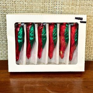 🎄🌟2xHP🌟VTG 1970s-80s Set of 6 Red Blown Glass Chili Pepper Ornaments Poland